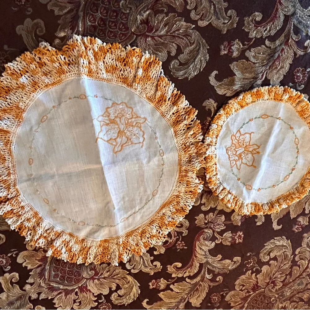 Vintage‎ Orange & White Crochet Circle Doilies 2PC Set